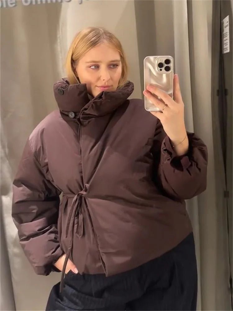 SOERA Suzy High Collar Tie - Up Puffer Jacket - Women's Outerwear - 1005010209484725-;Vc1762998398930484699 Brown M